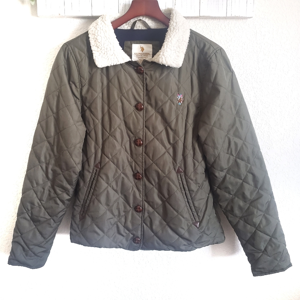 U.S. Polo Assn Quilted Bomber Jacket Sherpa Collar Green XL